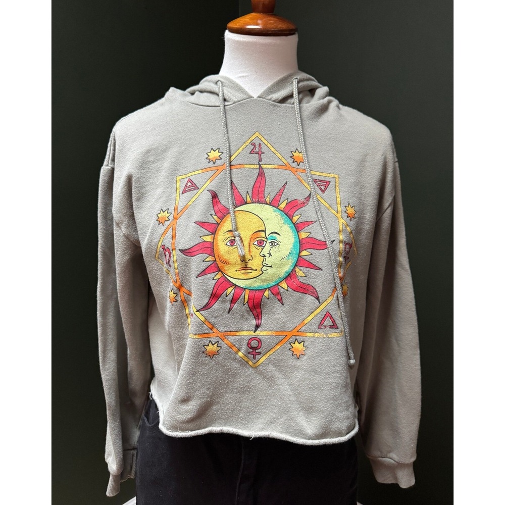 Mighty Fine‎ Sun & Moon Celestial Print Raw Hem Cropped Hoodie Women's M